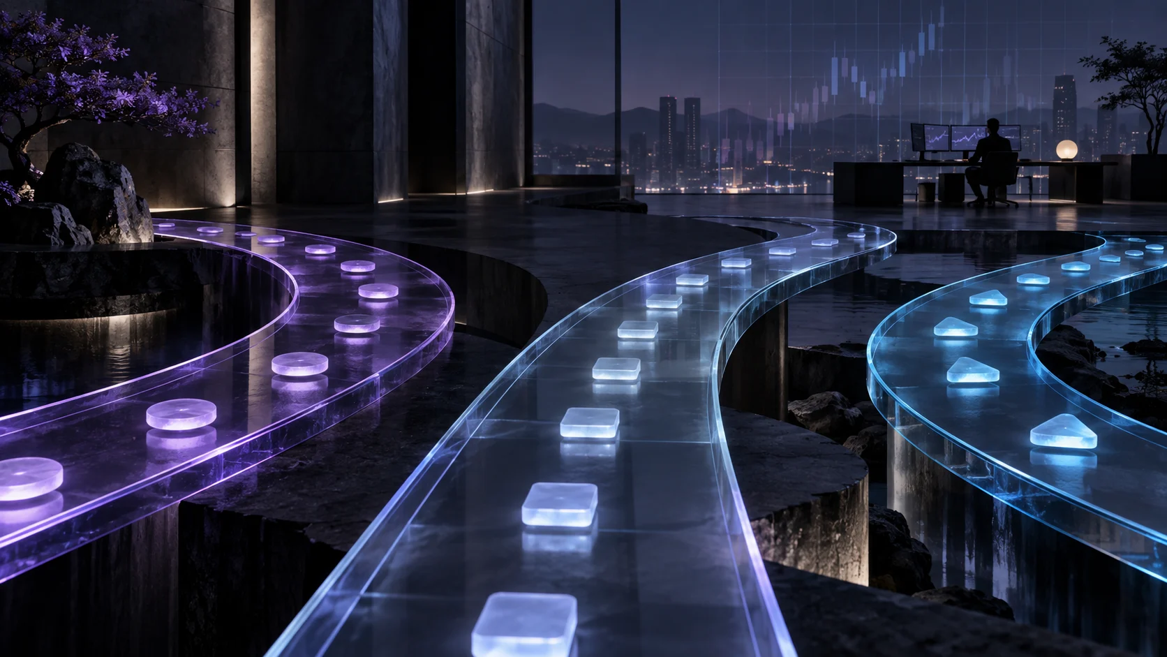Illustration of three illuminated paths representing different Tradeify account choices.